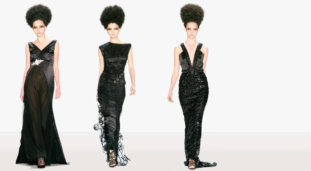 Abendkleider, Ballkleider schwarz mit aufregenden Details, körpernah geschnitten. Guido Maria Kretschmer H/W 2013 Abendkleider schwarz Kretschmer