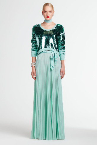 Erfrischende Abendrobe zweiteiligin Türkis. Kollektion Elisabetta Franchi Grüne Abendkleider 2017, fotocredit Elisabetta Fanchi official website